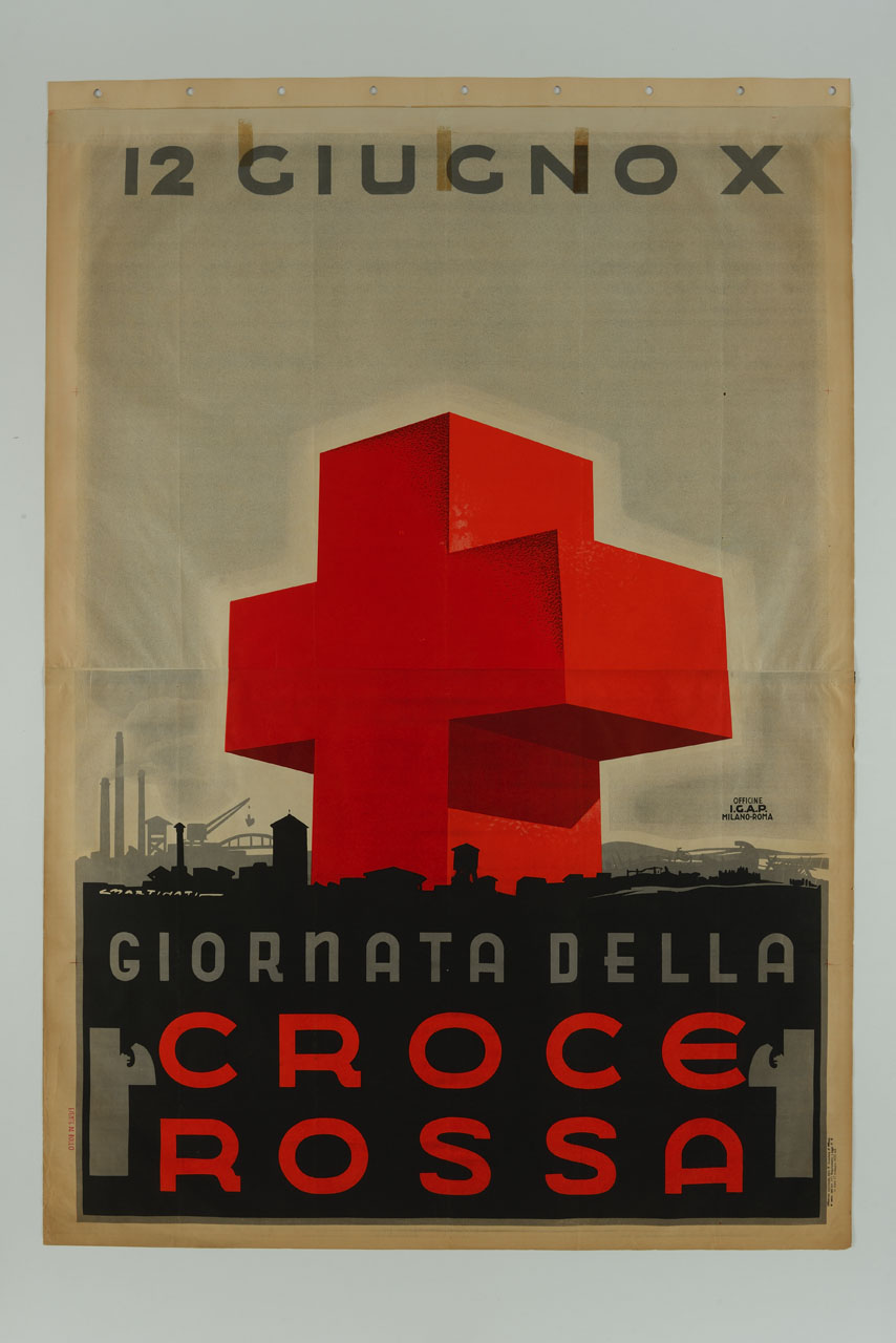 croce rossa campeggia su un paesaggio, edifici e fabbriche (manifesto) di Martinati Luigi (sec. XX)