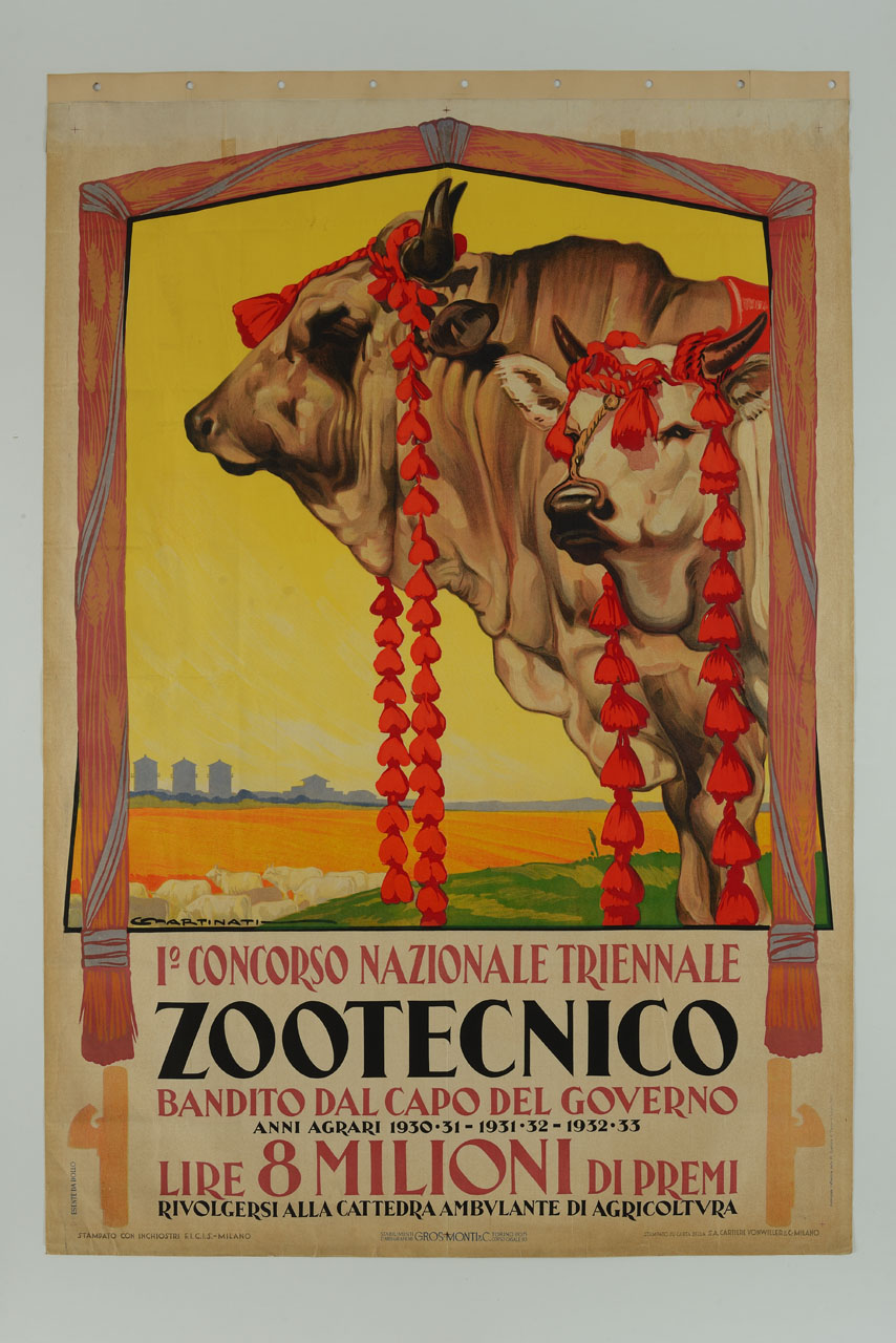 fascine che incorniciano due buoi e silos sullo sfondo (manifesto) di Martinati Luigi (sec. XX)