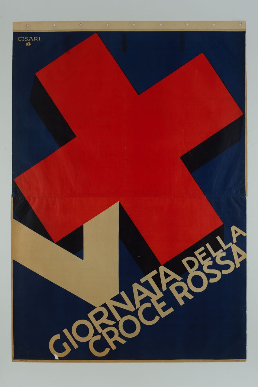 croce rossa e numero V su fondo blu (manifesto) di Cisari Giulio (sec. XX)