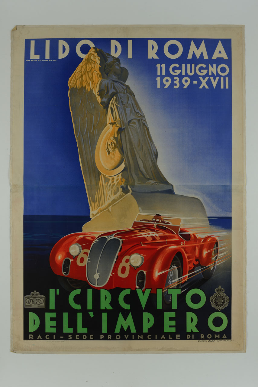 fuoriserie rossa e scultura con Minerva (manifesto) di Martinati Luigi (sec. XX)