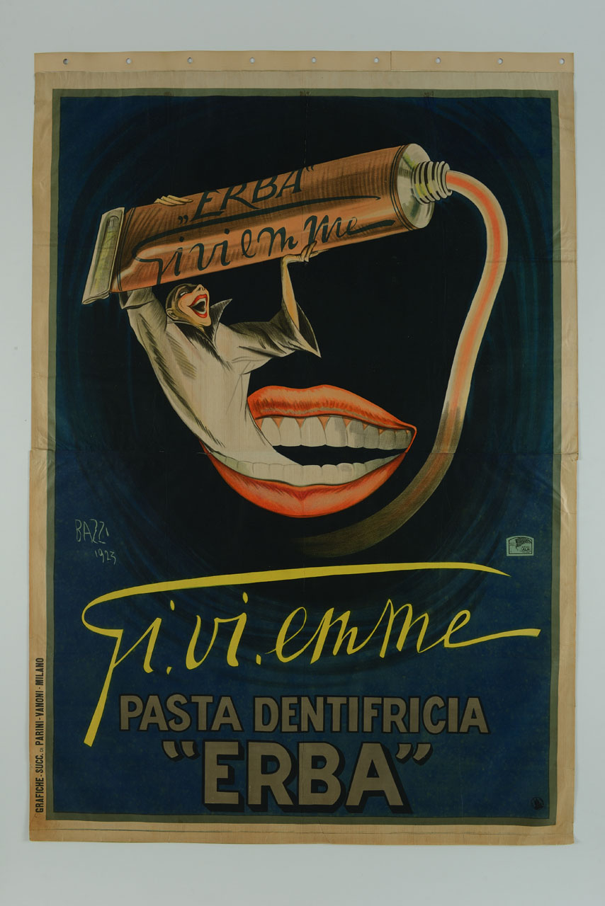 bocca sorridente da cui esce una figura maschile che spreme un tubetto di dentifricio (manifesto) di Bazzi Mario (sec. XX)