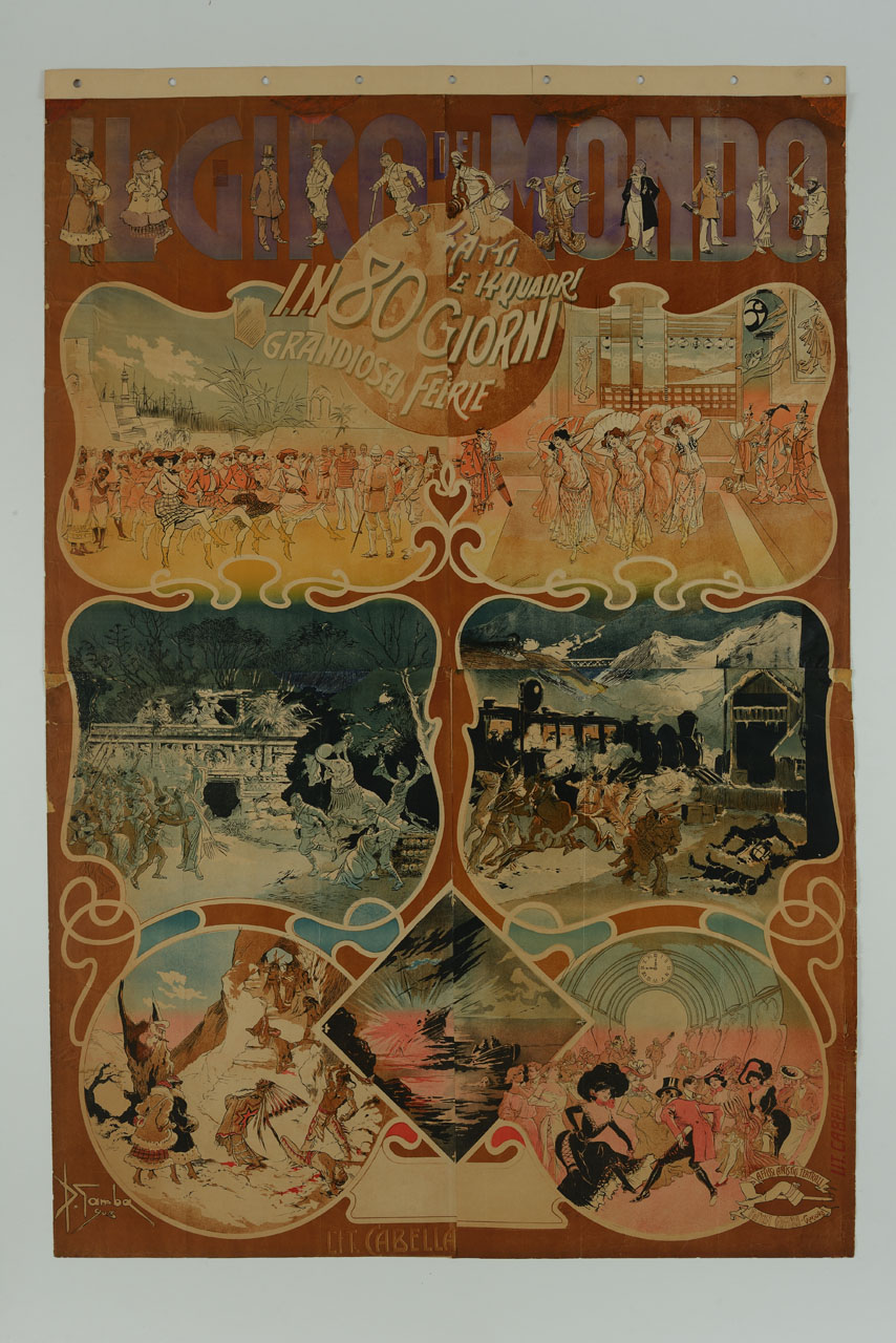 sette scene della rappresentazione fantastica de ll giro del mondo in 80 giorni (manifesto) di Garuti Giuseppe detto Pipein Gamba (sec. XX)