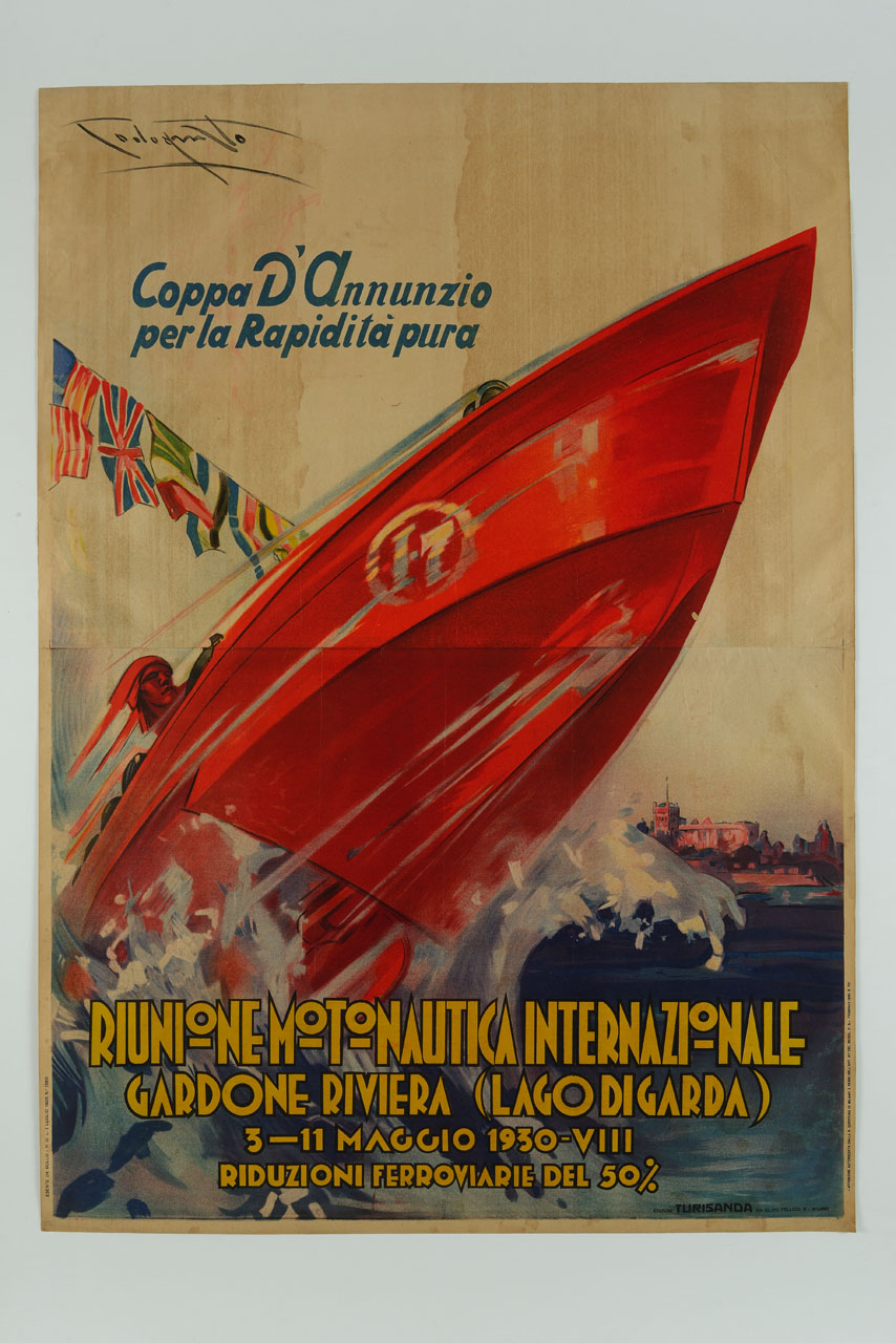motoscafo sul lago di Garda e Riviera Gardone sullo sfondo (manifesto) di Codognato Plinio (sec. XX)