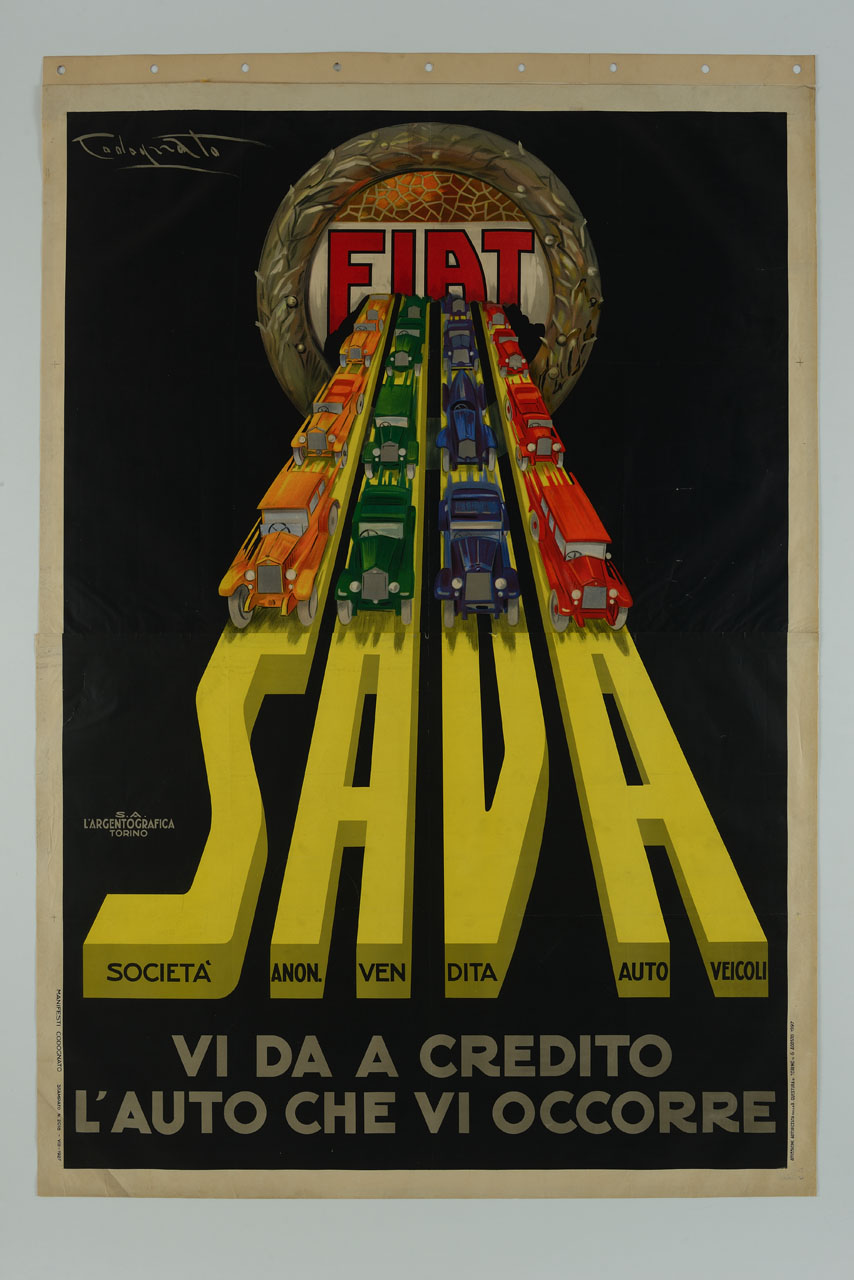 ghirlanda da cui fuoriescono autovetture su una pista nomata Sava (manifesto) di Codognato Plinio (sec. XX)
