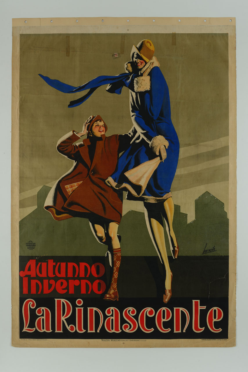 signora in cappotto blu cammina sorridente con bambino in cappotto marrone (manifesto) di Boccasile Gino (sec. XX)