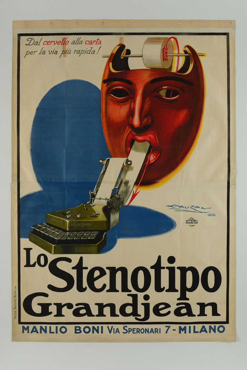 mascherone collegato a macchina per stenotipìa da rotolo di carta (manifesto) di Mauzan Achille Luciano (sec. XX)