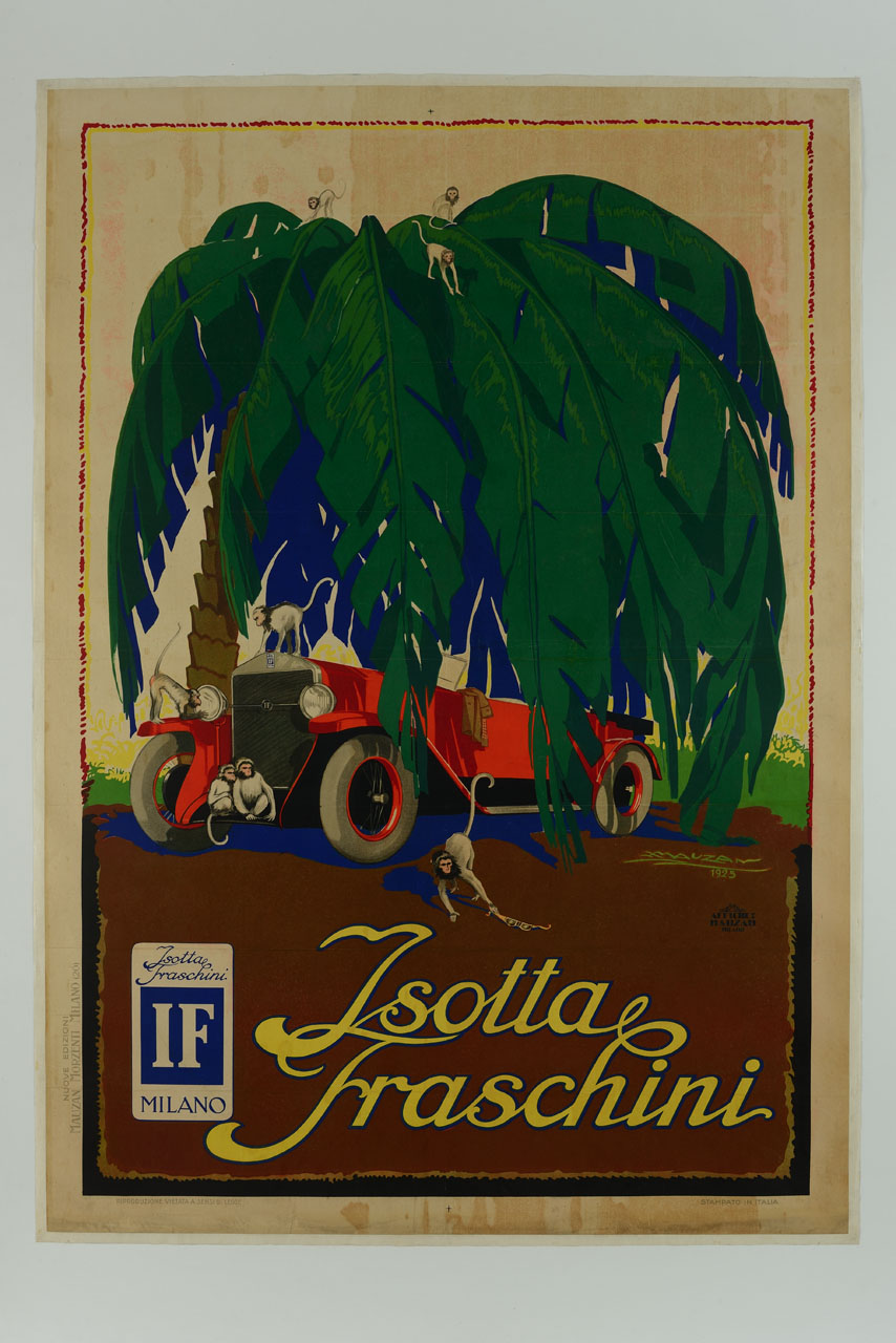 automobile rossa sotto palma con piccole scimmie (manifesto) di Mauzan Achille Luciano (sec. XX)