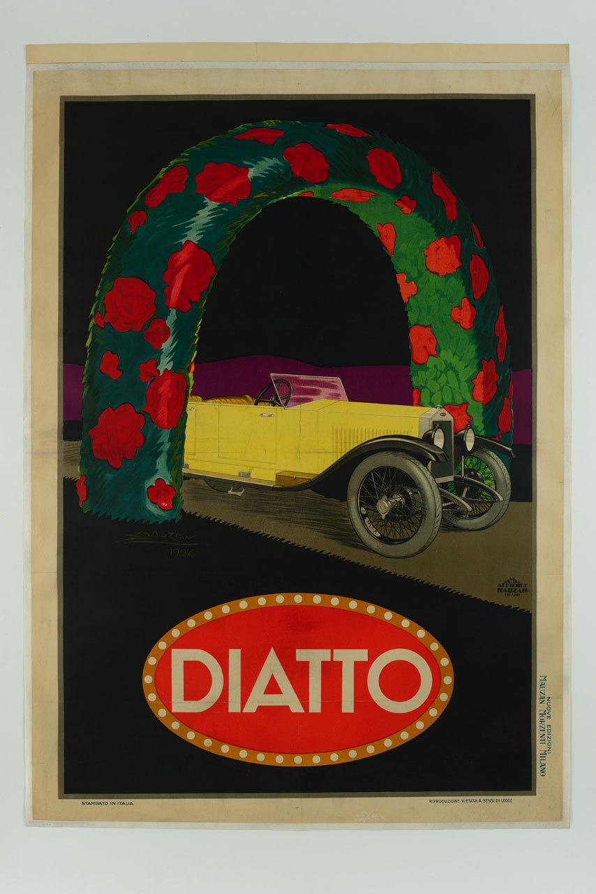 automobile gialla sotto arco vegetale con rose (manifesto) di Mauzan Achille Luciano (sec. XX)