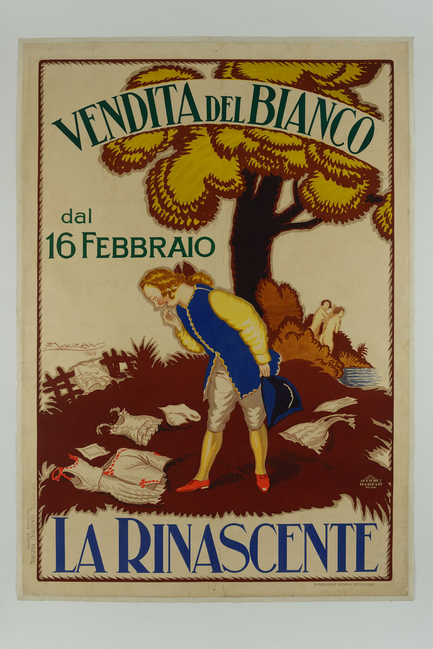 giovane in abito settecentesco osserva biancheria intima femminile; sullo sfondo albero e ragazze nude dietro cespuglio (manifesto) di Mauzan Achille Luciano (sec. XX)