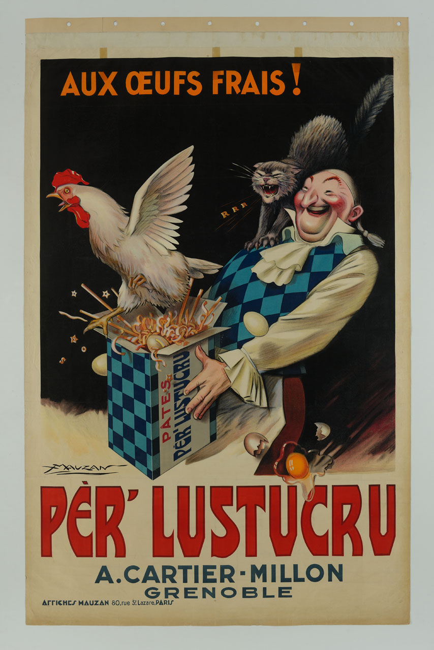 uomo sorridente con gatto sulla spalla regge scatola con uova e gallina che salta fuori spaventata (manifesto) di Mauzan Achille Luciano (sec. XX)