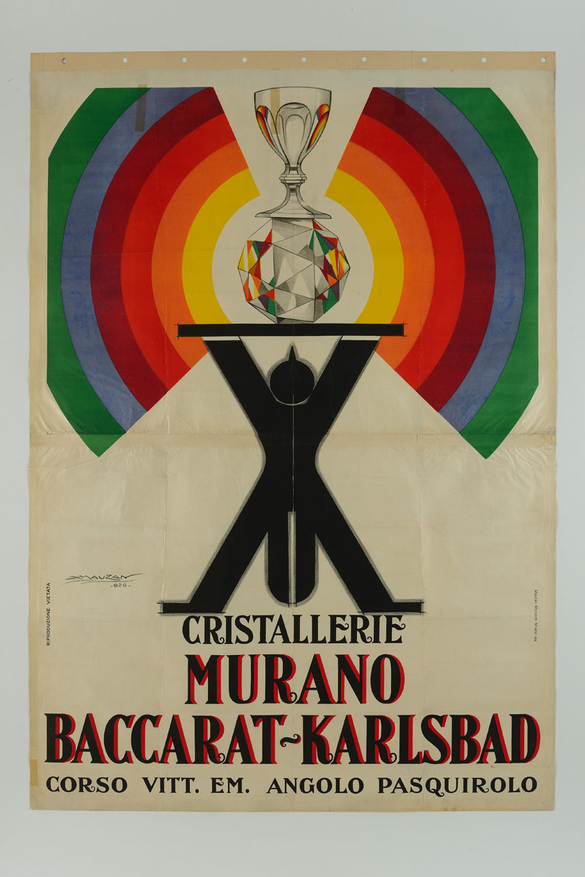 calice su cristallo sorretti da piedistallo antropomorfo con fasce colorate sui lati (manifesto) di Mauzan Achille Luciano (sec. XX)