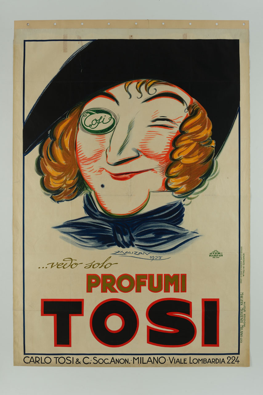 volto maschile sorridente con basco nero ed etichetta pubblicitaria su un occhio (manifesto) di Mauzan Achille Luciano (sec. XX)