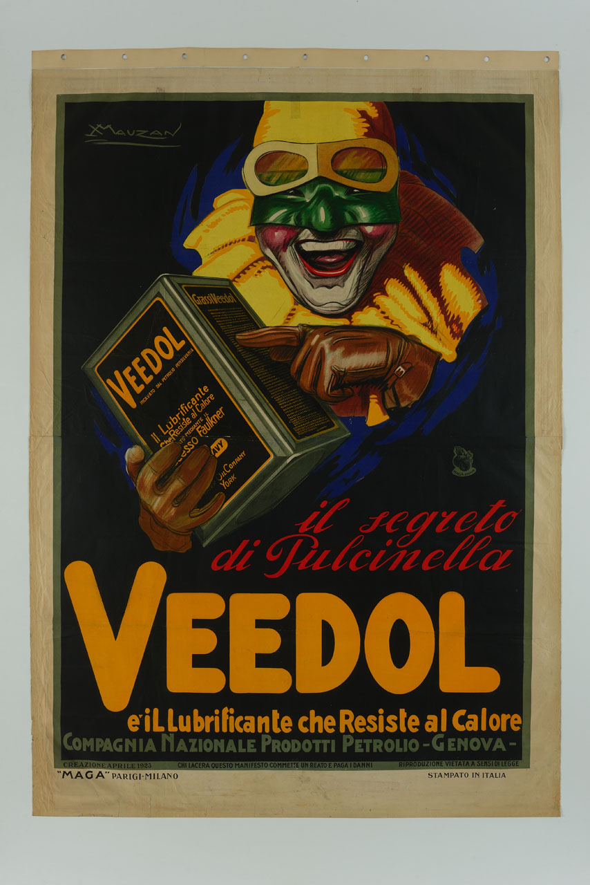 Pulcinella sorridente con occhiali e guanti da pilota mostra lattina di olio lubrificante (manifesto) di Mauzan Achille Luciano, MAGA (sec. XX)