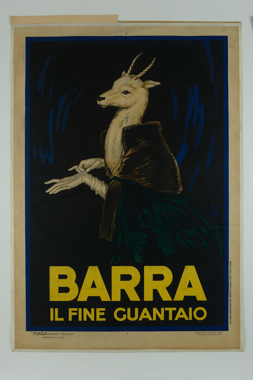capretto con abito verde, stola di pelliccia e guanti bianchi (manifesto) di Mauzan Achille Luciano, MAGA (sec. XX)