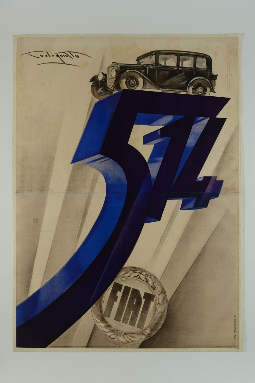 berlina sopra un numero a caratteri cubitali e marchio Fiat (manifesto) di Codognato Plinio (sec. XX)