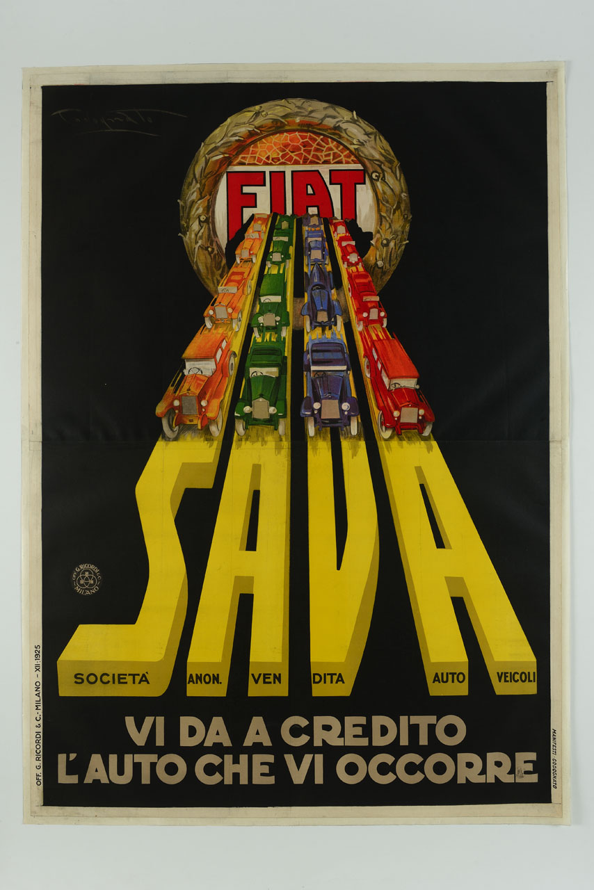 ghirlanda da cui fuoriescono autovetture su una pista nomata Sava (manifesto) di Codognato Plinio (sec. XX)