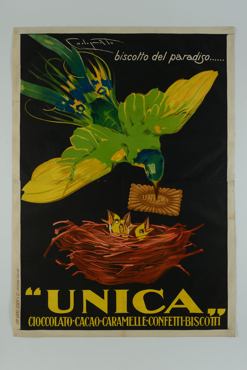uccello del Paradiso che porta nel becco un biscotto ai suoi piccoli nel nido (manifesto) di Codognato Plinio (sec. XX)