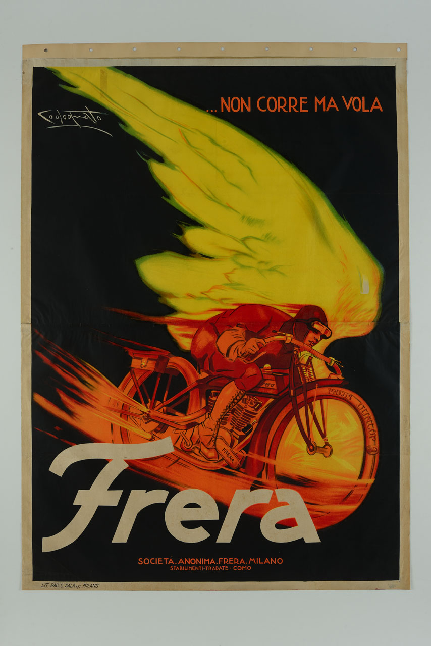motociclista che sfreccia sovrastato da ali (manifesto) di Codognato Plinio (sec. XX)