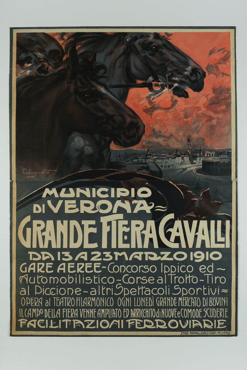 cavalli in primo piano e centro storico della città di Verona sullo sfondo (manifesto) di Codognato Plinio (sec. XX)