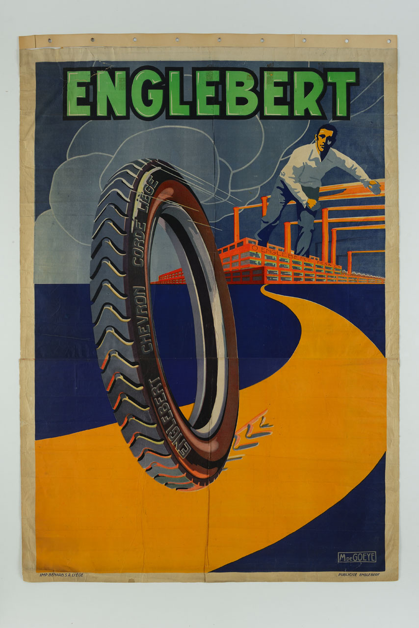 fabbrica e figura maschile che lancia uno pneumatico (manifesto) di De Goeye Michel (sec. XX)