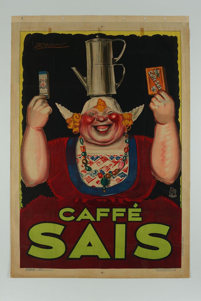 donna sorridente in abito rosso e cuffia olandese con caffettiera sul capo mostra confezioni di caffè (manifesto) di Mauzan Achille Luciano, MAGA (sec. XX)