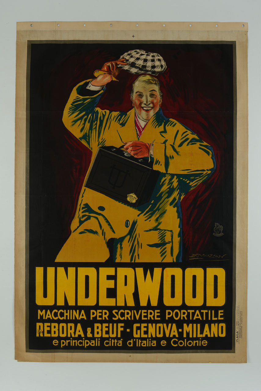 uomo sorridente in impermeabile giallo mostra macchina per scrivere portatile (manifesto) di Mauzan Achille Luciano, MAGA (sec. XX)