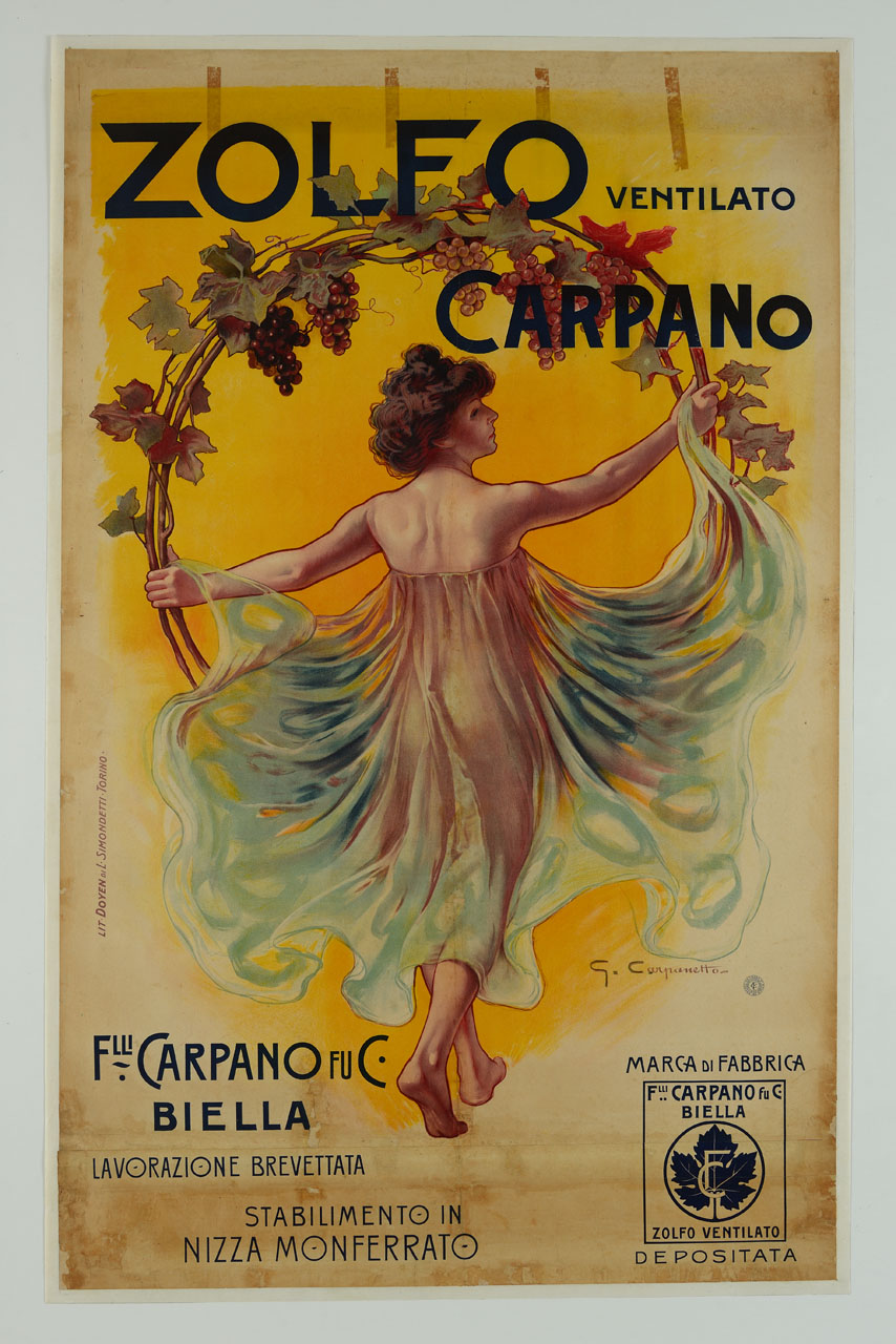 figura femminile vestita di veli incede tenendo un tralcio di vite con foglie e uva piegato a cerchio (manifesto) di Carpanetto Giovanni Battista (sec. XX)