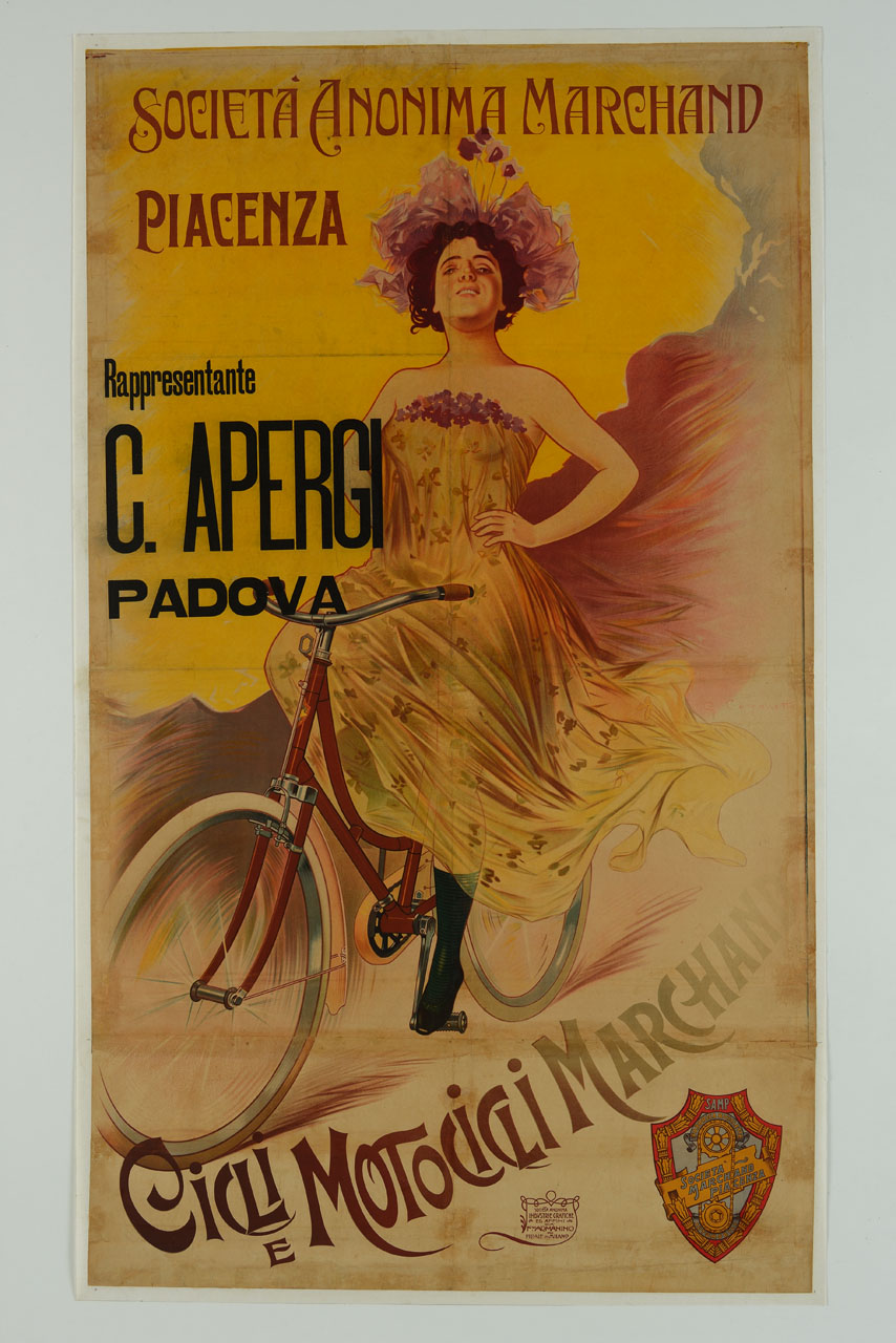 figura femminile in bicicletta che pedala senza le mani sul manubrio (manifesto) di Carpanetto Giovanni Battista (sec. XX)
