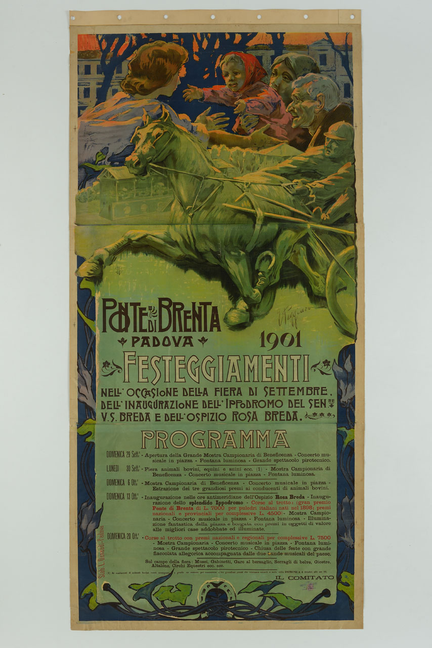 fantino al trotto, bambina dalle braccia di anziani a quelle di una donna giovane, stand e fiori (manifesto) di Paggiaro Emilio (sec. XX)