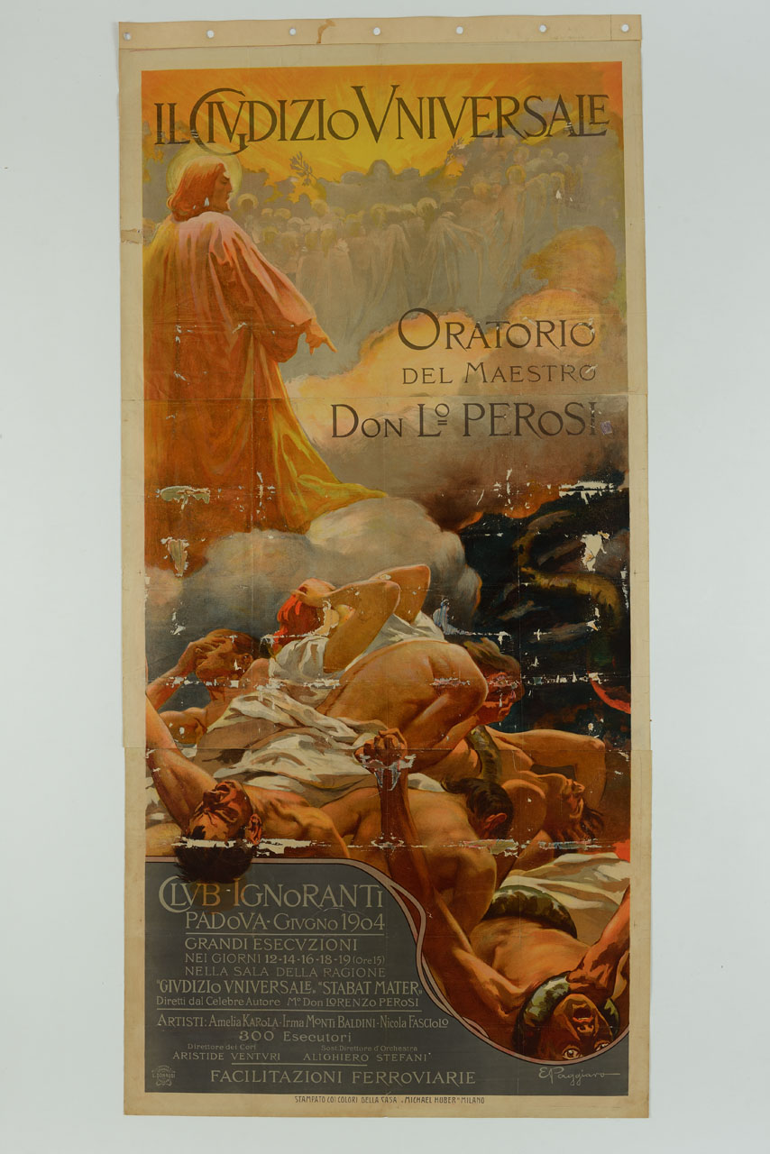 dio Padre sopra una nuvola indica la bocca dell'Inferno ad un gruppo di dannati che si contorcono disperati, il vulcano erutta e schiere di anime salvate vengono assunte in cielo e accolte da un angelo che stringe rami di palma (manifesto) di Paggiaro Emilio (sec. XX)