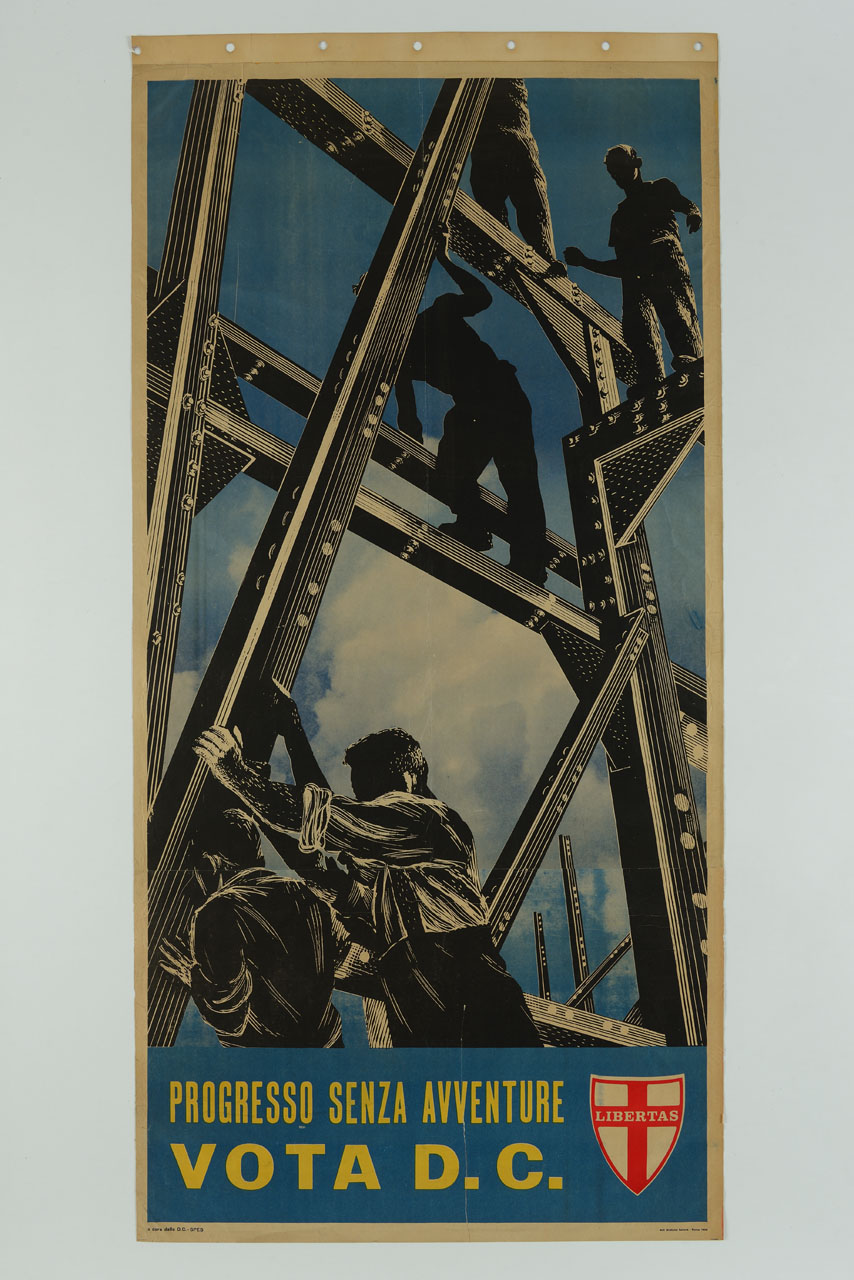 operai al lavoro in un cantiere edile tra pilastri e travi in ferro (manifesto) - ambito italiano (sec. XX)