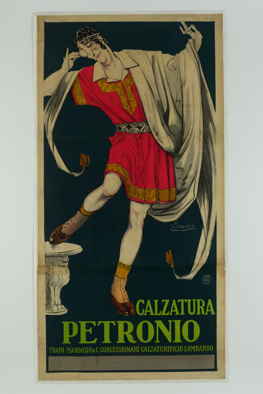 corpo maschile con vestito all'antica mette in vista delle calzature moderne (manifesto) di Mauzan Achille Luciano (sec. XX)