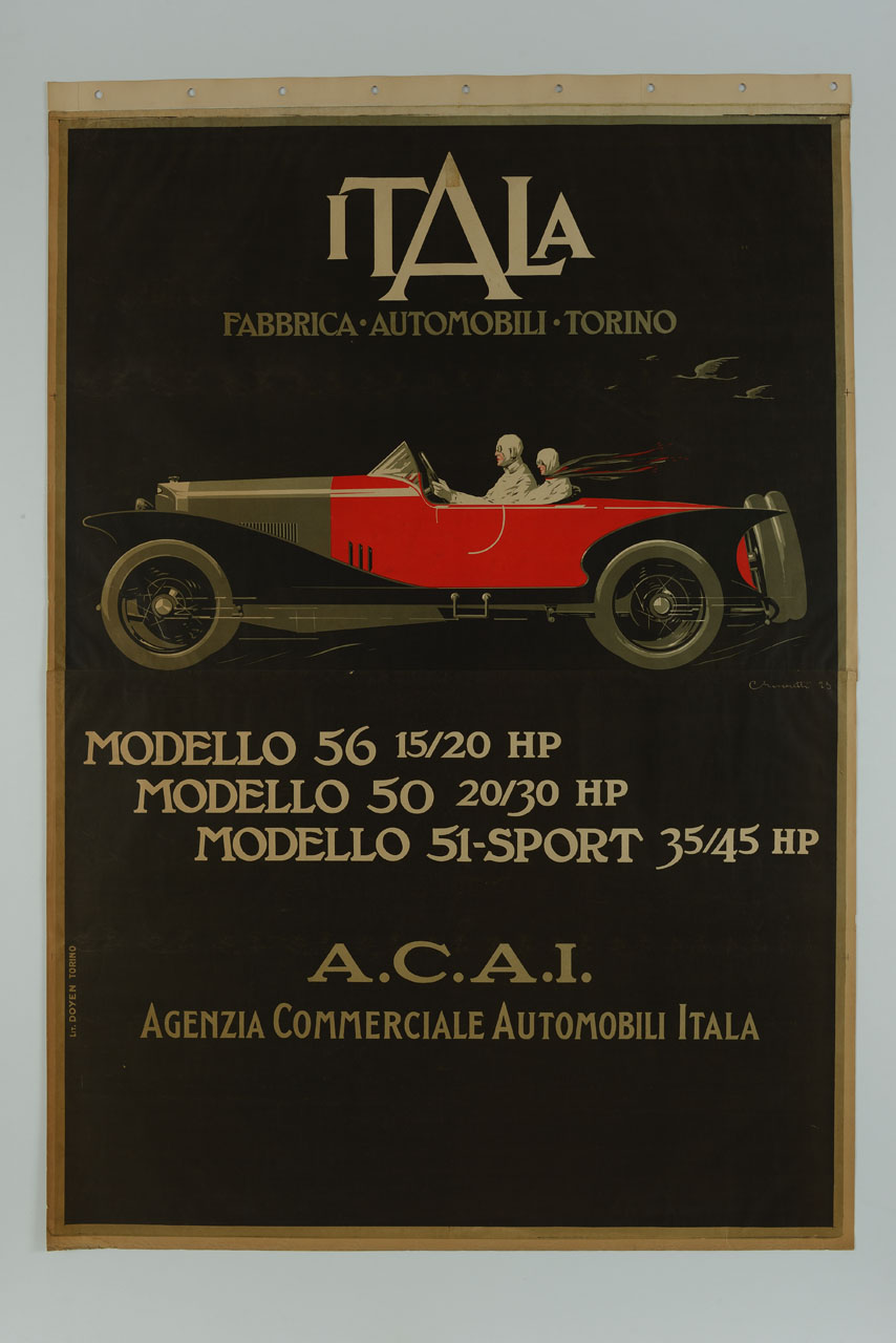 automobile in velocità guidata da un uomo accompagnato da una donna con foulard svolazzante (manifesto) di Biscaretti di Ruffia Carlo (sec. XX)