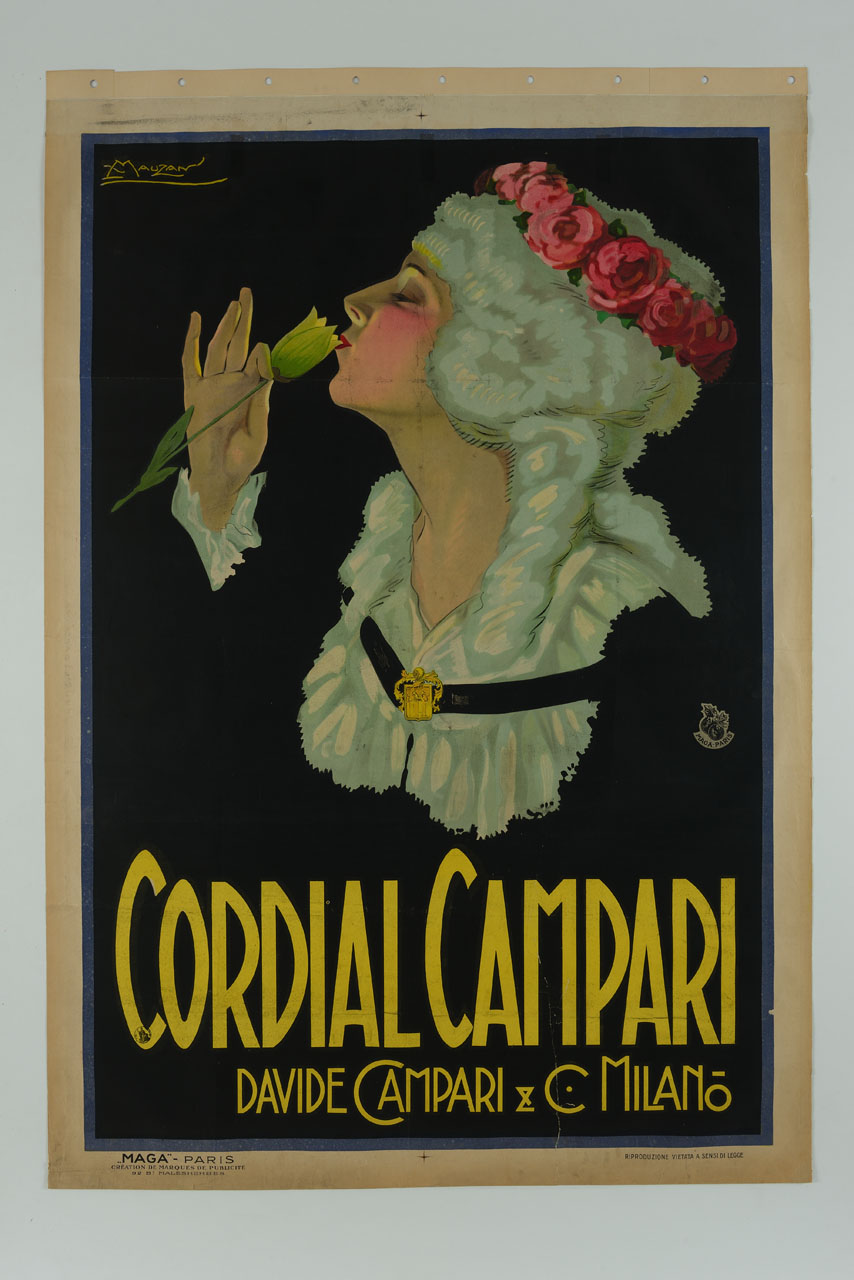 donna a mezzobusto di profilo con parrucca bianca e corona di rose beve da tulipano verde (manifesto) di Mauzan Achille Luciano, MAGA (sec. XX)