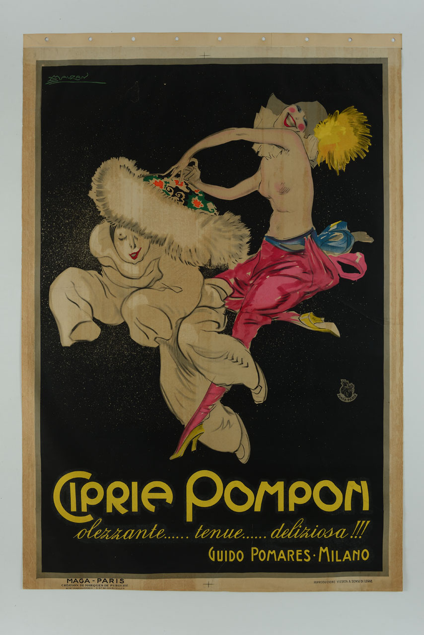 donna sorridente a torso nudo con pantalone rosa incipria Pierrot con grande batuffolo (manifesto) di Mauzan Achille Luciano, MAGA (sec. XX)