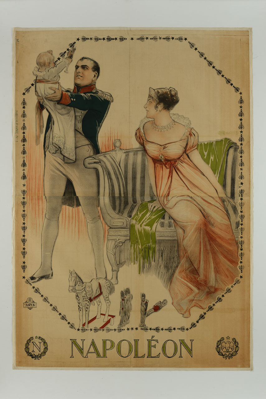 Napoleone con il figlio e e l'imperatrice Maria Luisa d'Asburgo Lorena con giocattoli in primo piano; cornice ottagonale con api e stelle (manifesto) di Mauzan Achille Luciano (sec. XX)