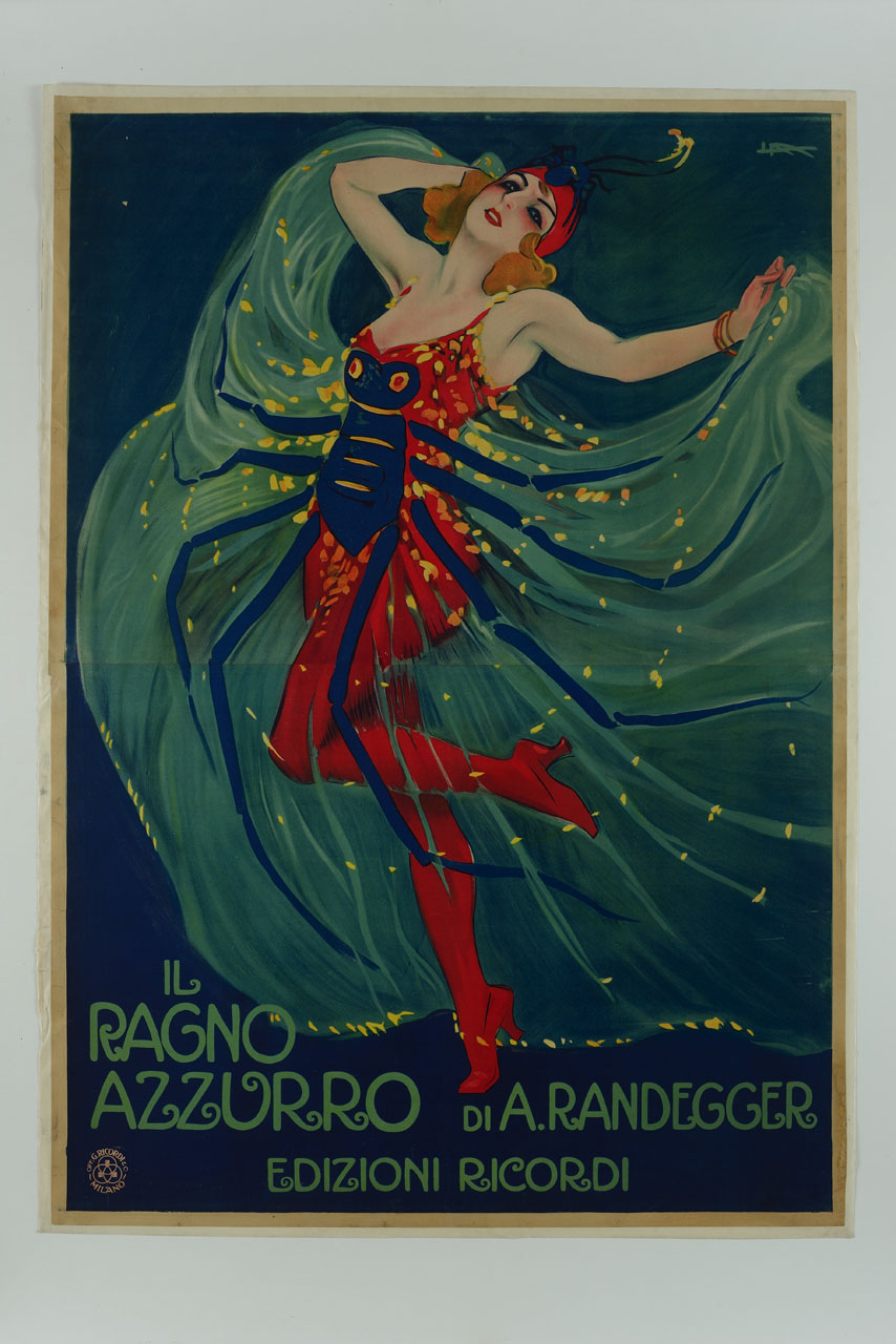 donna con costume taatrale da ragno azzurro (manifesto) di Metlicovitz Leopoldo (sec. XX)