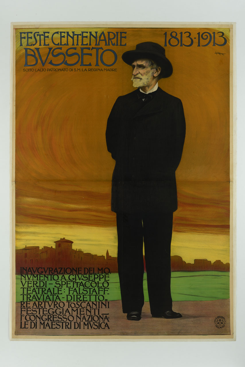 ritratto di Giuseppe Verdi sulla riva del Po (manifesto) di Metlicovitz Leopoldo (sec. XX)