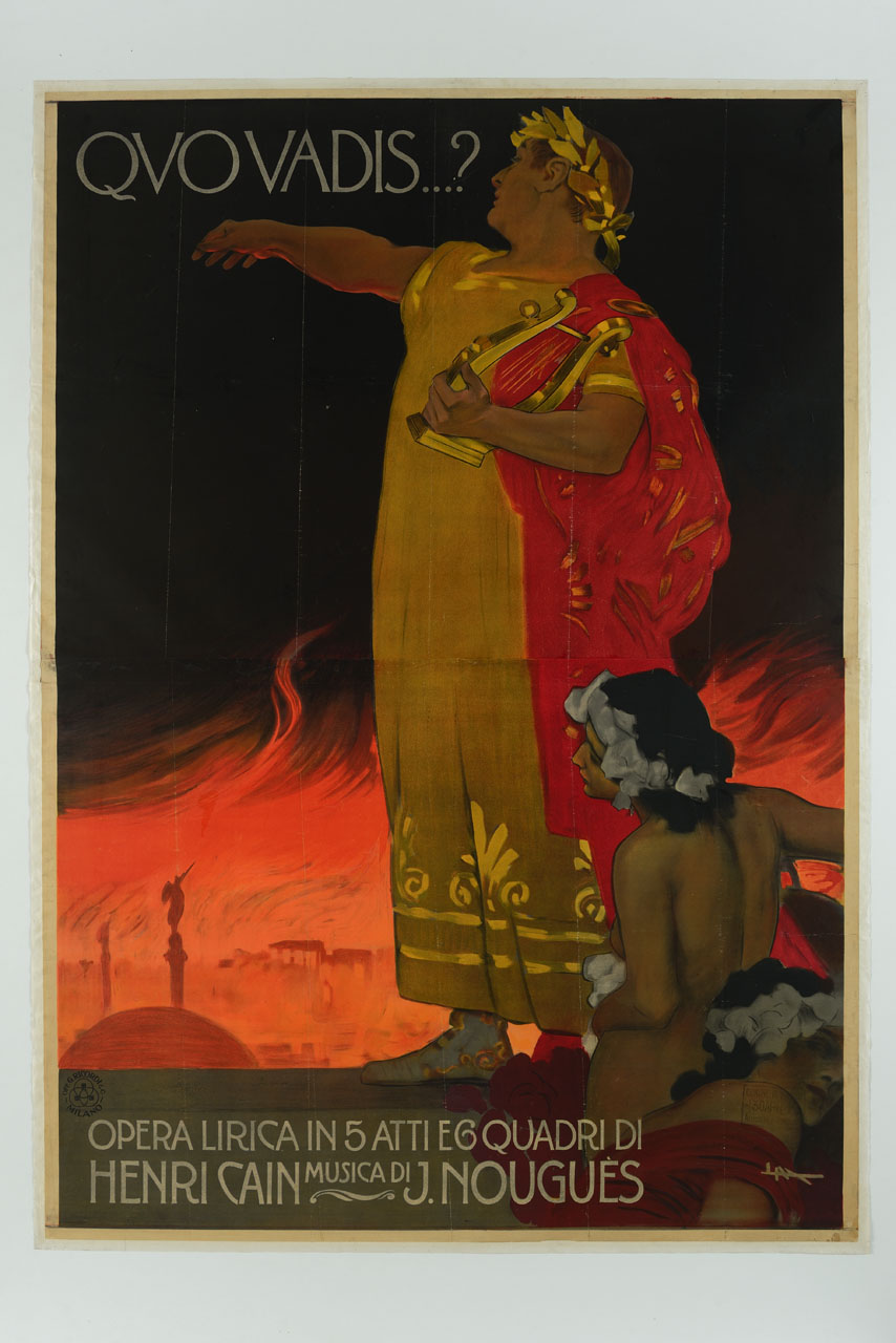 Nerone in piedi con cetra osserva e indica Roma in fiamme; ai suoi piedi due figure femminili (manifesto) di Metlicovitz Leopoldo (sec. XX)