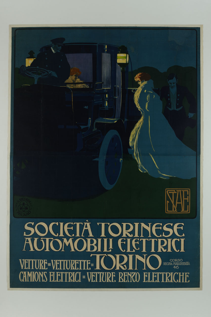 donna in abito lungo e pelliccia sale su automobile con autista e donna seduta all'interno (manifesto) di Dudovich Marcello (sec. XX)