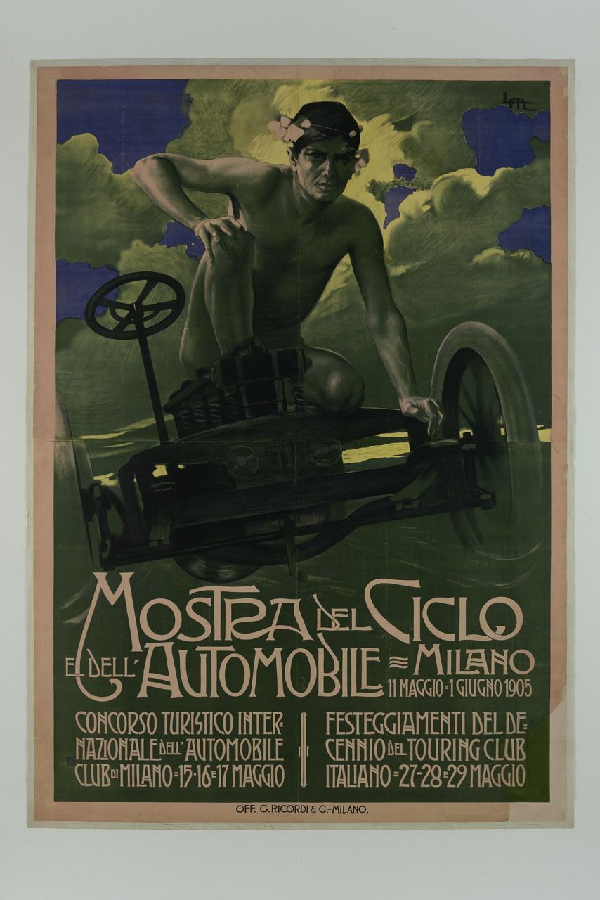 giovane uomo nudo con corona di fiori sul capo su automobile (manifesto) di Metlicovitz Leopoldo (sec. XX)