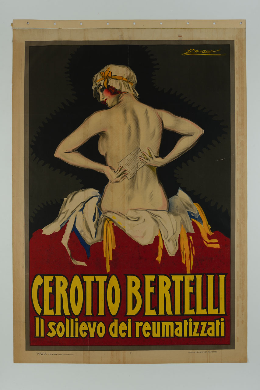 donna a torso nudo di spalle seduta applica cerotto su schiena (manifesto) di Mauzan Achille Luciano, MAGA (sec. XX)