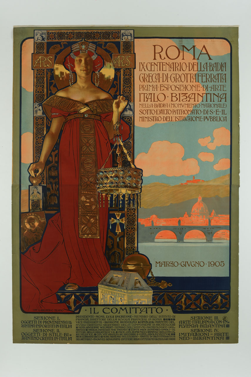 donna in abiti da basilissa, personificazione dell'arte bizantina, regge pendente con corona gemmata e croce; veduta di Roma oltre il Tevere sullo sfondo (manifesto) di Metlicovitz Leopoldo (sec. XX)