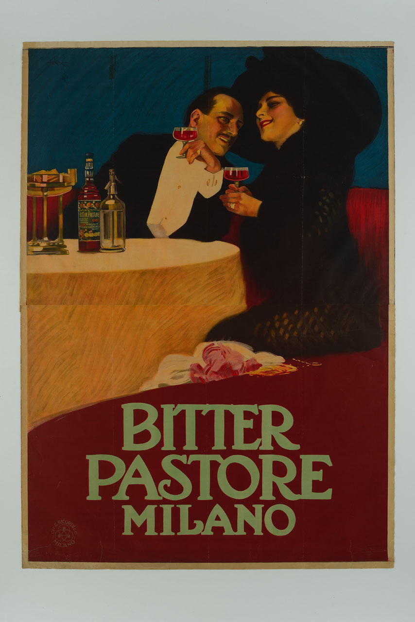 coppia in abiti da sera siede sorridente con bicchieri di bitter (manifesto) di Metlicovitz Leopoldo (sec. XX)