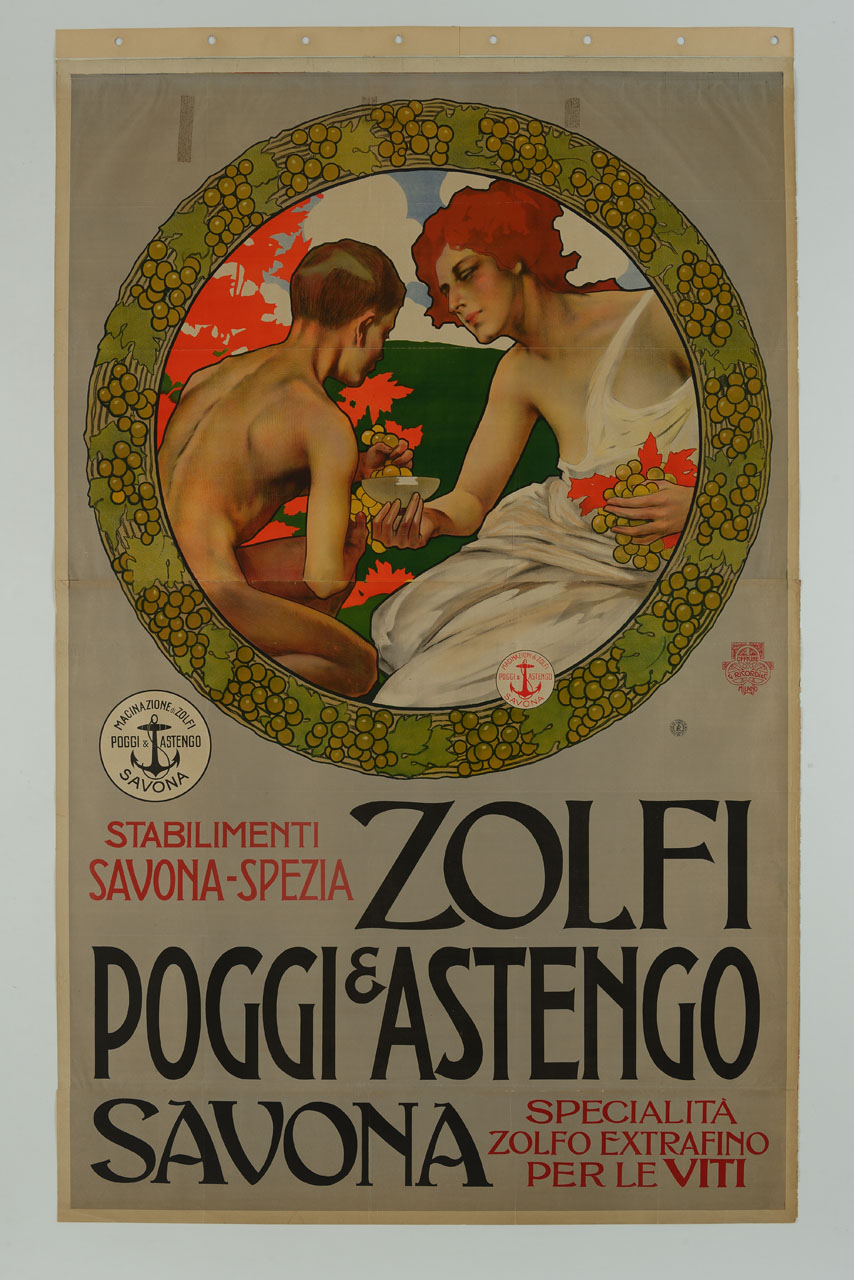 bambino nudo di spalle spreme acini d'uva entro ciotola sorretta da donna con capelli rossi in abito bianco; cornice circolare decorata da grappoli e foglie di vite (manifesto) di Metlicovitz Leopoldo (sec. XX)