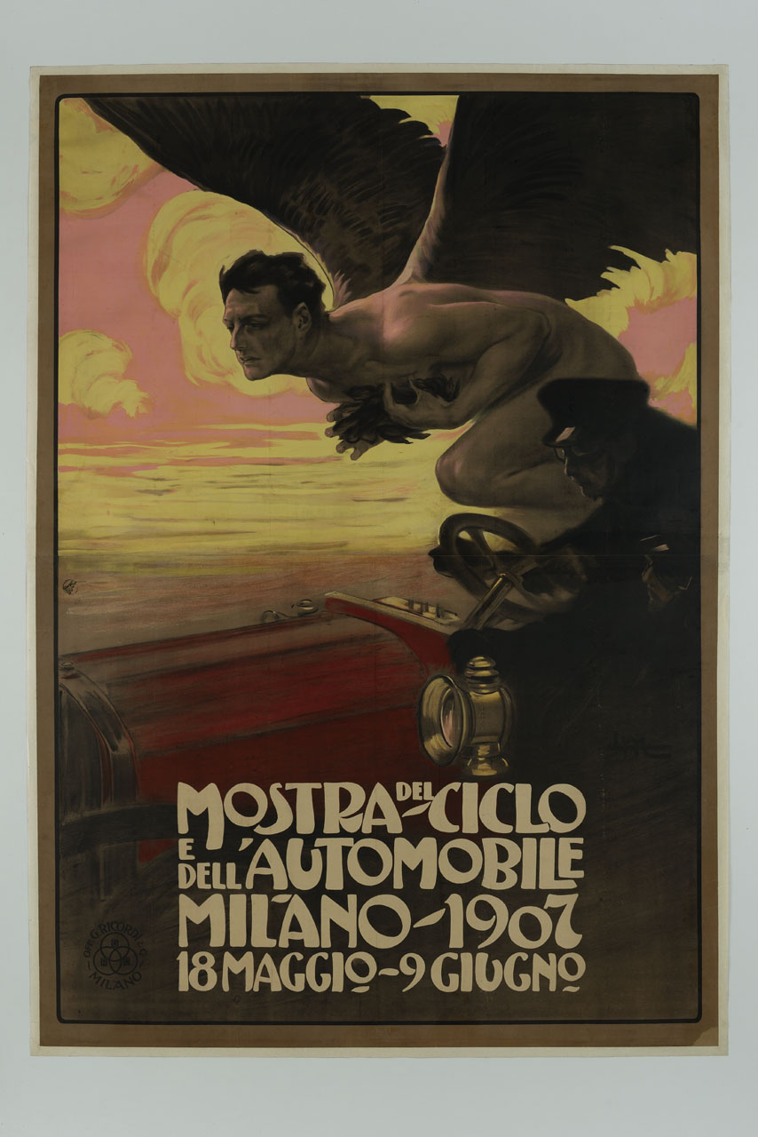automobile rossa con piloti e uomo alato nudo (manifesto) di Metlicovitz Leopoldo (sec. XX)