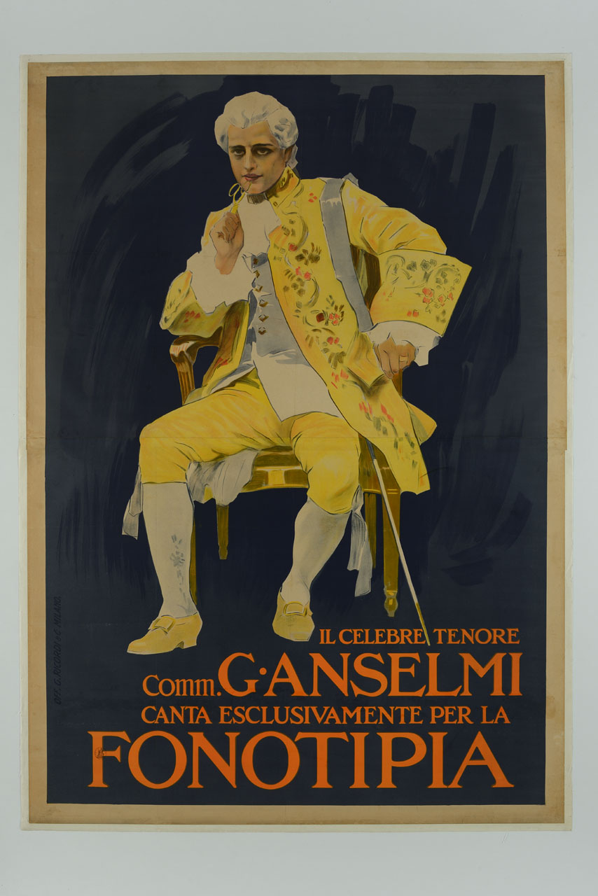 ritratto del tenore Giuseppe Anselmi seduto in abiti di scena (manifesto) di Metlicovitz Leopoldo (sec. XX)