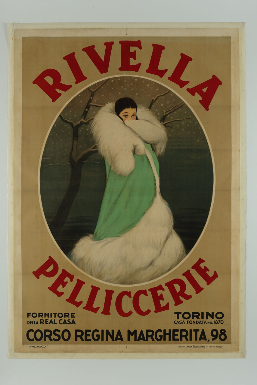 donna sotto la neve in cappotto verde con pelliccia bianca (manifesto) - ambito italiano (sec. XX)