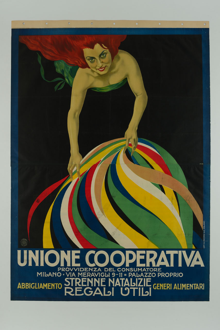 donna dai capelli rossi con fascio di stoffe colorate (manifesto) - ambito italiano (sec. XX)