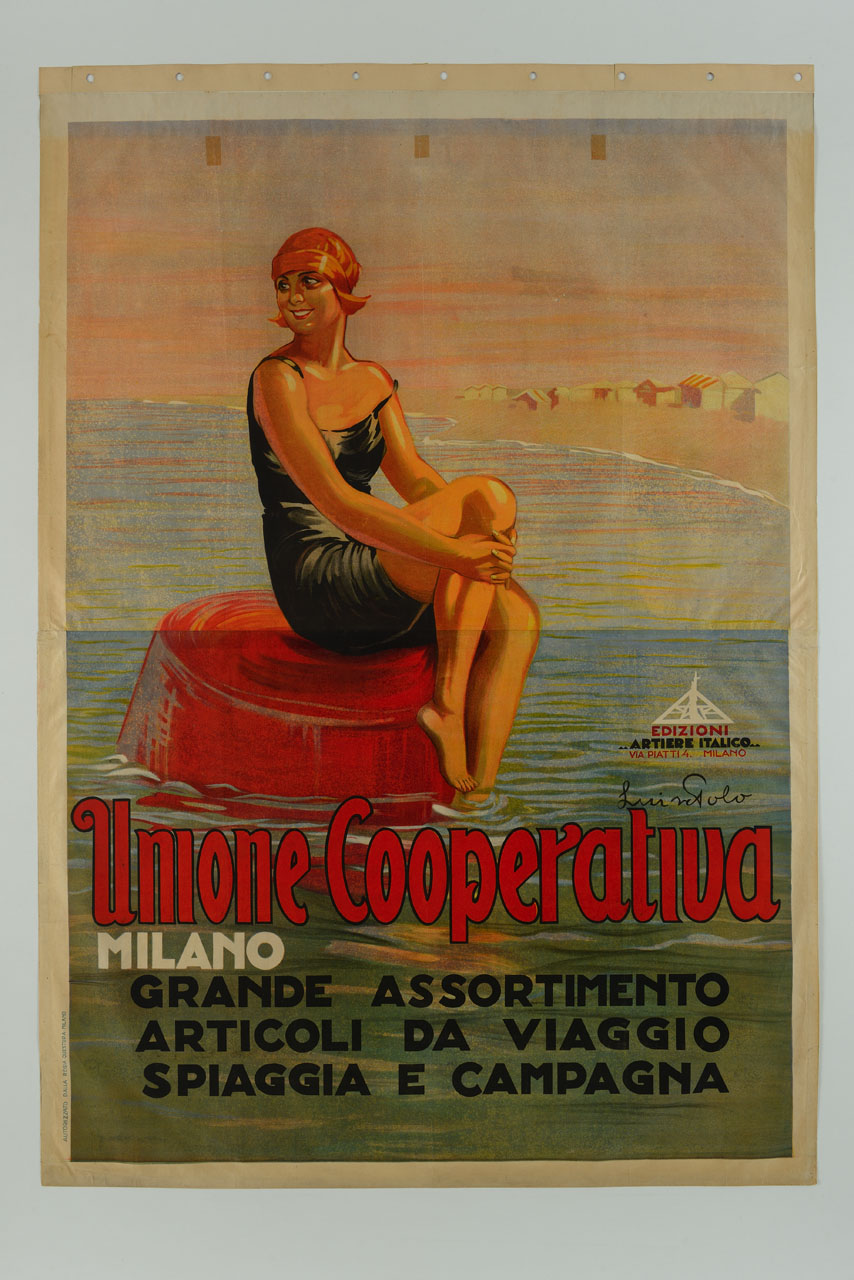 giovane donna in costume da bagno in mare su piattaforma galleggiante (manifesto) di Polo Luisa (sec. XX)